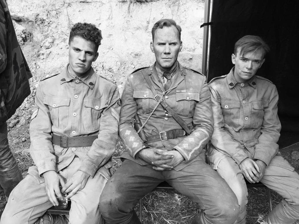 Black and white behind the scenes - Tristan Alexander with fellow cast members in military costume