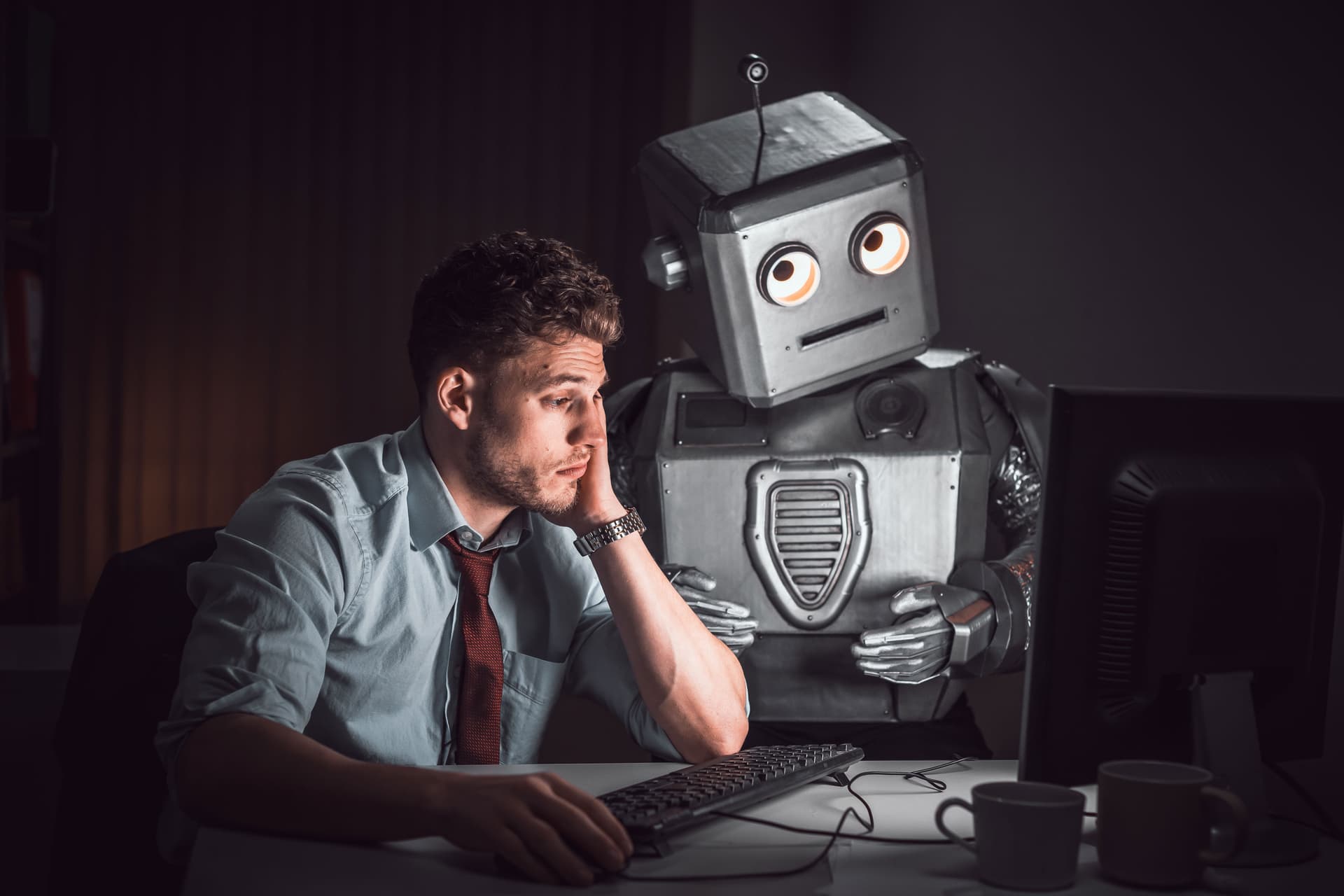 Tristan Alexander at a desk with a robot in a comedic commercial scene